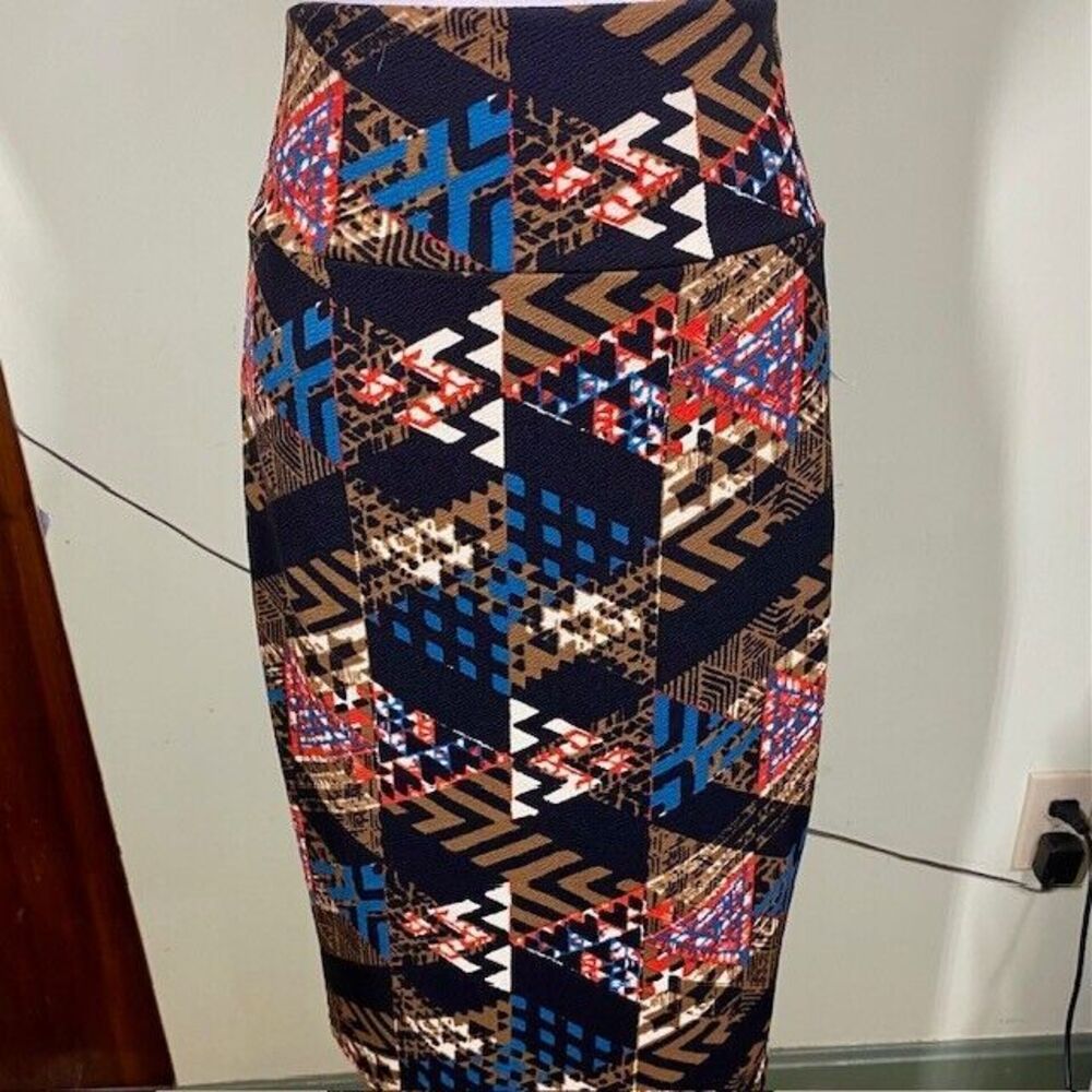 LuLaRoe Geometric Patchwork Midi Skirt - Navy, Blue, Brown, Red, Cream